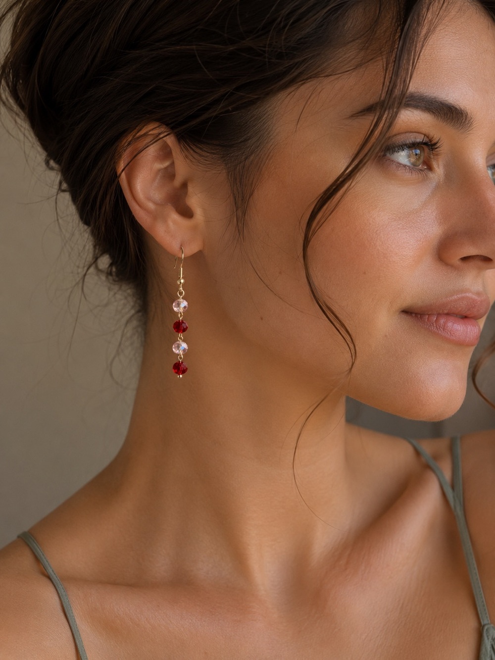 Handmade Gold Red and Pink Crystal Drop Earrings
